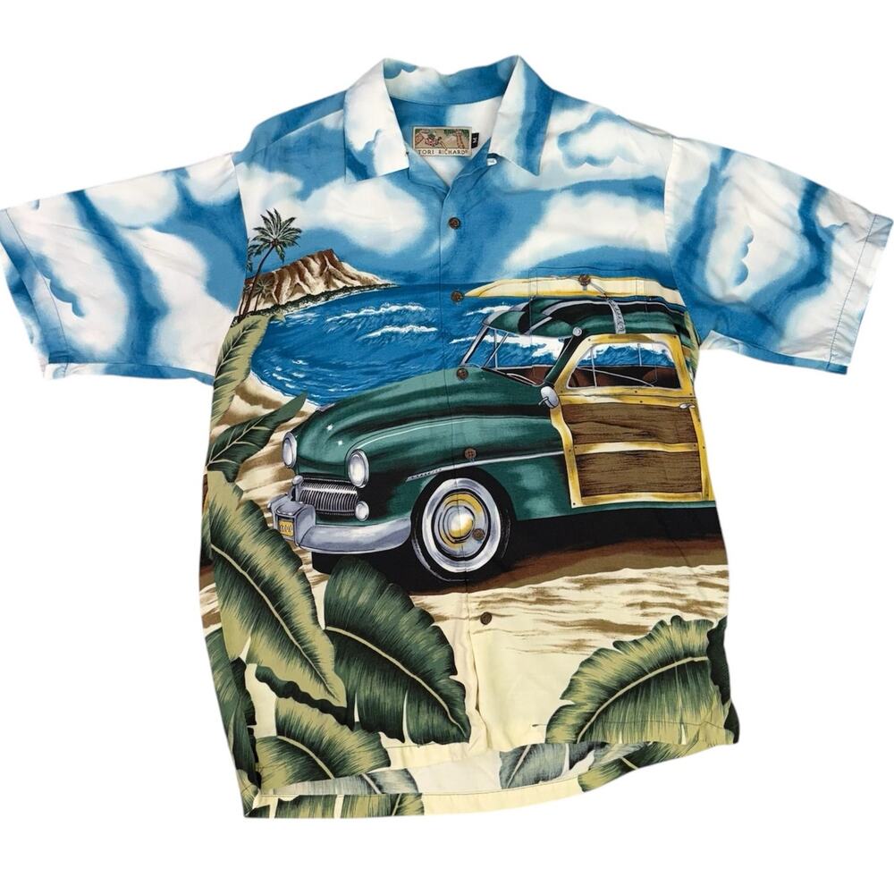 Tori Richard Vintage Hawaiian Button Down Shirt Medium Woody Surf Beach Tropical